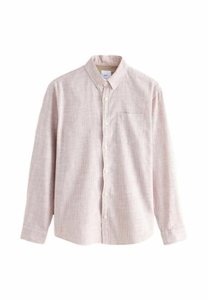 Light red and white striped long-sleeve button-up shirt with a collar, single chest pocket, and textured fabric. Features white buttons.