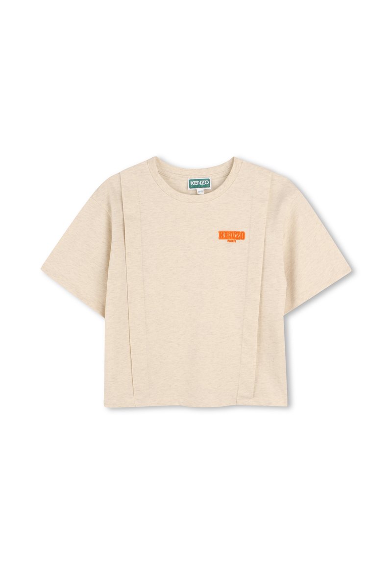 Beige cropped t-shirt made of cotton, featuring a round neckline, short sleeves, and an orange logo on the chest. Smooth texture.