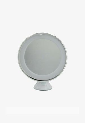 Miroir de maquillage rond avec cadre argenté et base à ventouse réglable sur fond blanc.