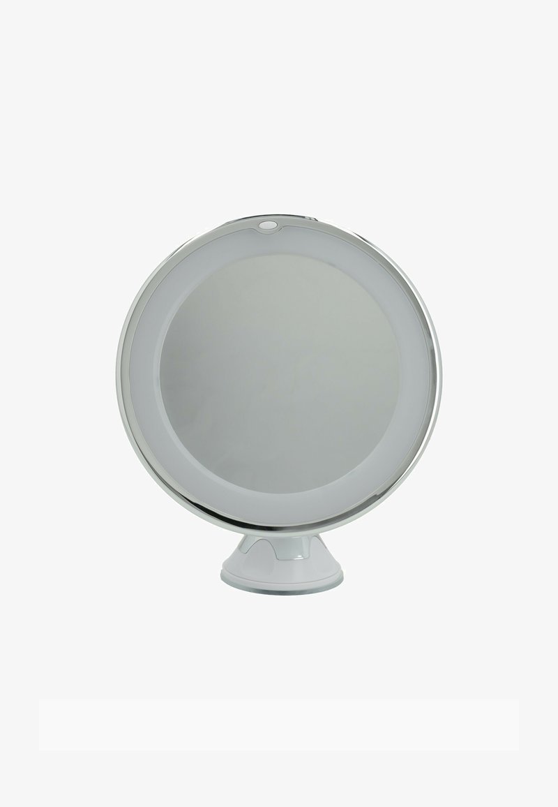 Miroir de maquillage rond avec cadre argenté et base à ventouse réglable sur fond blanc.