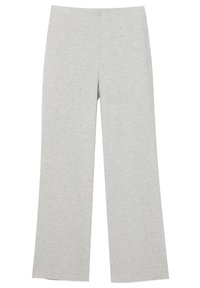Pantalones de pierna ancha en gris, hechos de una tela suave y texturizada; cuentan con un diseño simple y sin adornos con una cintura alta.