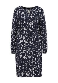 Vestido de la marina hecho de tela ligera con patrones abstractos en forma de ola blanca. Presenta un escote redondo, mangas largas elásticas y un cinturón ajustable en la cintura.