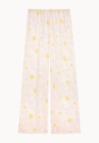 Pantalons palazzo légers en tissu rose pâle avec imprimé floral jaune, taille élastique et coupe large.