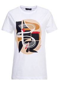 T-shirt en coton blanc avec un design graphique abstrait dans des teintes de noir, rouge et beige. Manches courtes et col rond complètent le look.