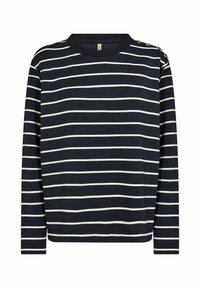 Navy long-sleeve shirt with horizontal white stripes, round neckline, and three-button detail on the shoulder. Soft fabric, casual fit.