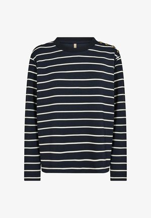 Tumesinine pika varrukaga särk horisontaalsete valgete triipudega, ümmargune kaelus ja kolme nupuga detail õlal. Pehme kangas, rahulik lõige.