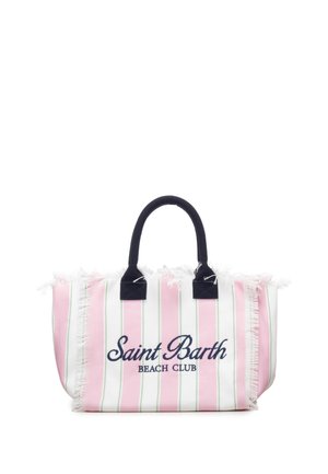 Sac cabas rayé rose et blanc avec bords effilochés, anses noires et « Saint Barth Beach Club » brodé sur le devant.
