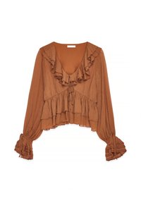 Roestbruin blouse met lange mouwen en V-hals, met ruches op de kraag, zoom en manchetten, en verstelbare strikjes bij de halslijn en polsen.