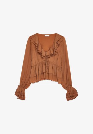 Blouse longue rust marron à manches longues avec un col en V, des couches froncées sur le col, l'ourlet et les poignets, et des liens réglables au niveau du cou et des poignets.