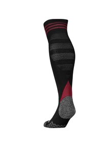 Kniestrumpf in Schwarz mit roten Streifen oben, mit strukturierten Mustern und grauem Fersen- und Zehenbereich für Unterstützung und Langlebigkeit.