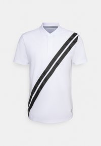 Bílá polo košile s černým diagonálním pruhovaným vzorem, tříknoflíková légou, krátké rukávy a slim fit. Vyrobena z měkké látky.