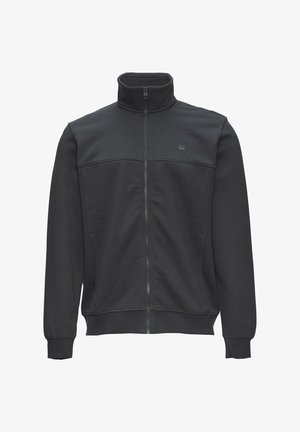 Czarna szara kurtka z zamkiem błyskawicznym i wysokim kołnierzem, wykonana z gładkiego materiału, z dwoma bocznymi kieszeniami i logo na górnej lewej części klatki piersiowej.