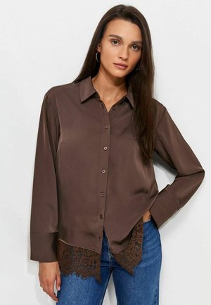 New Look, DARK LACE TRIM LONGLINE SHIRT - Camicia - dark brown