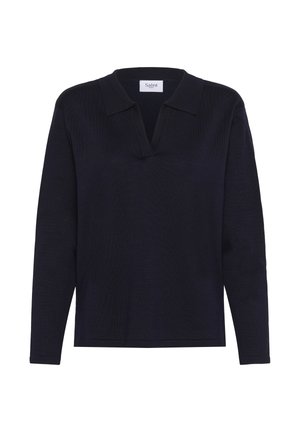 Pull-over long à manches longues de couleur marine avec un col en V, présentant une texture côtelée et un ourlet droit. Marque subtile sur l'étiquette.