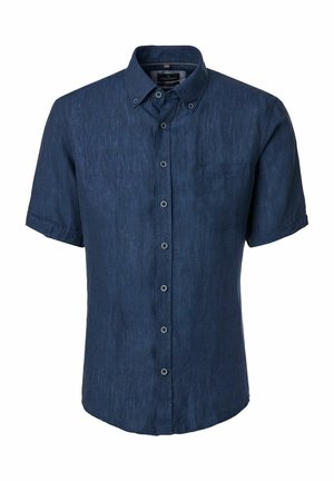 Chemise bleu foncé à manches courtes, à boutons, avec une poche poitrine et un col boutonné, en tissu léger texturé.