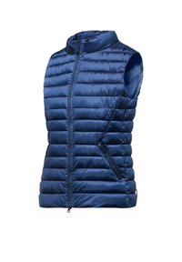 Navyblauwe gewatteerde vest, mouwloos met een hoge kraag, horizontale stiksels, zijritszakken en een gladde, glanzende afwerking.
