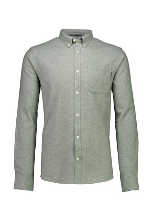 Camicia in flanella grigia chiara con colletto button-down, maniche lunghe, tasca frontale e bottoni bianchi. Texture morbida; senza motivi o accenti visibili.