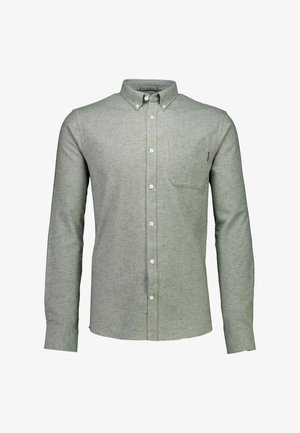 Camicia in flanella grigia chiara con colletto button-down, maniche lunghe, tasca frontale e bottoni bianchi. Texture morbida; senza motivi o accenti visibili.