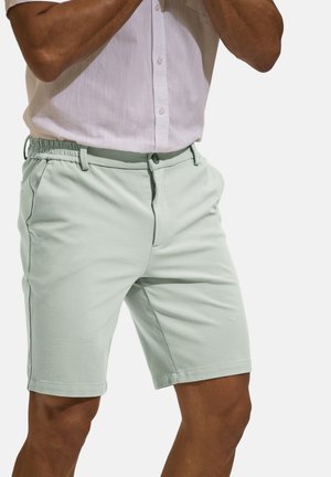 Mann trägt hellgrüne legere Shorts und ein weißes Hemd mit kurzen Ärmeln vor einem einfarbigen Hintergrund.