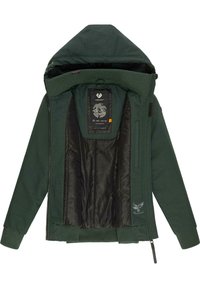 Green jacket featuring a hood, zip closure, ribbed cuffs, and a smooth inner lining. Logo patch and decorative interior pattern visible.