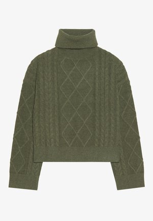 Olive green turtleneck sweater with cable knit texture, featuring diamond patterns and ribbed hem and cuffs.