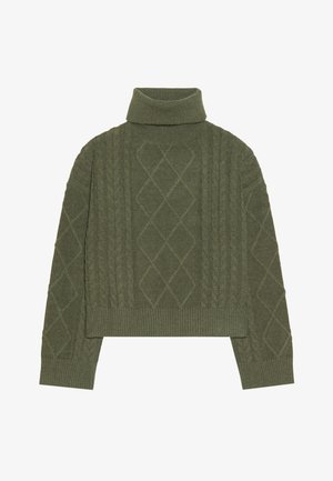 Suéter de cuello alto verde oliva con textura de punto trenzado, presentando patrones de diamante y un dobladillo y puños acanalados.