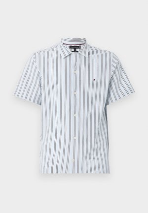Short-sleeve button-up shirt in light blue with vertical black stripes. Features a collar and small logo accent. Classic fit, cotton material.