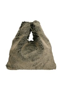 Borsa in pelliccia di colore marrone-grigiastro, texture morbida, forma oversize con doppi manici, dotata di una grande apertura e di una base arrotondata.