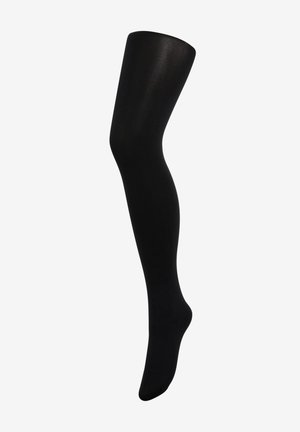 Black thigh-high stockings with a smooth, matte texture, featuring a form-fitting design and no visible patterns or hardware accents.