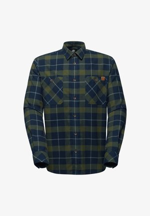 Camicetta a quadri in tonalità blu scuro e verde, realizzata in un materiale morbido, con design a bottone e due tasche sul petto. Bottoni marroni inclusi.