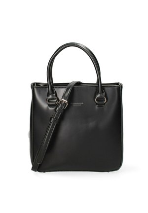 Borsa a tracolla in ecopelle nera con forma strutturata, doppi manici superiori e tracolla staccabile. Presenta dettagli in metallo color argento e una cerniera.