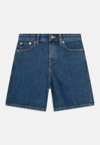 Jeans kratke hlače v modri barvi s ravnim krojem. Vključujejo pet žepov, bakrene nitne zakovice in kontrastno šivanje. Klasična zasnova, srednje dolžine.