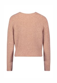 Heller rosa, gerippter Pullover, lange Ärmel, Rundhalsausschnitt, figurbetontes Design, weicher Stoff, mit verkürztem Schnitt und minimalen Details.