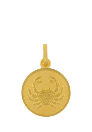 Goldrunder Anhänger mit eingraviertem Krabbendesign und einer kleinen Öse zum Befestigen an einer Halskette oder einem Armband.