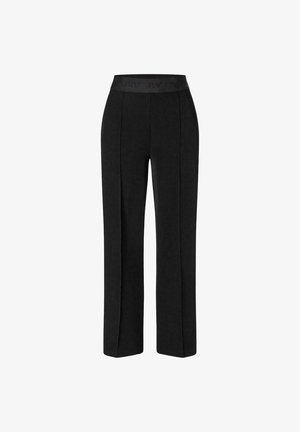 Black wide-leg trousers with a flexible elastic waistband, featuring a smooth texture and minimalistic design, suitable for casual wear.