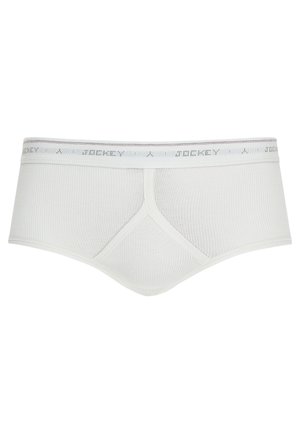 Boxer bianco da uomo realizzato in tessuto a costine. Presenta un elastico in vita con logo e un design liscio e aderente. Senza motivi o dettagli particolari.