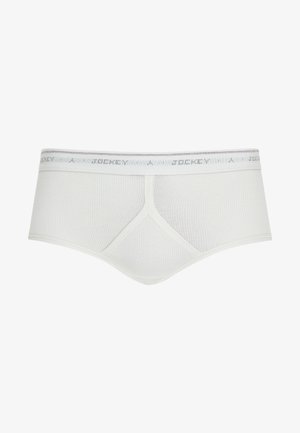 Boxer bianco da uomo realizzato in tessuto a costine. Presenta un elastico in vita con logo e un design liscio e aderente. Senza motivi o dettagli particolari.