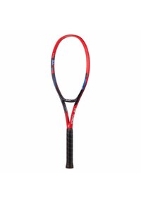 Red and black tennis racket with a curved frame, textured black grip, and blue accents on the head, designed for lightweight performance.
