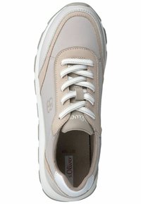 Beige fabric sneaker with white accents, round toe, six-eyelet lace-up design, and soft foam interior featuring "s.Oliver" branding.