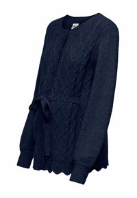 Tamnoplavi pleteni kardigan s dijamantnim i kabelnim uzorcima, okrugli izrez, prednji gumbi i remen na struku. Okrugli rub.