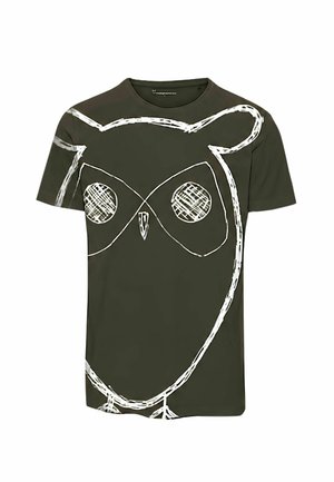 T-shirt vert foncé à manches courtes avec un grand dessin blanc de hibou en style croquis couvrant le devant et une partie des manches.