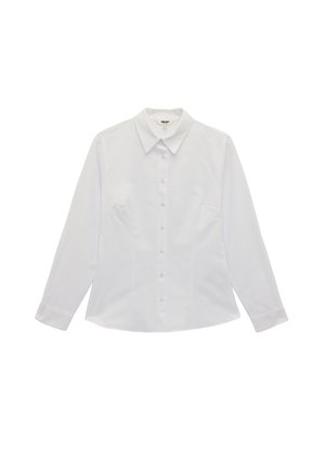 Camicia bianca a maniche lunghe con bottoni, colletto appuntito e polsini con bottoni, mostrata distesa su uno sfondo bianco.
