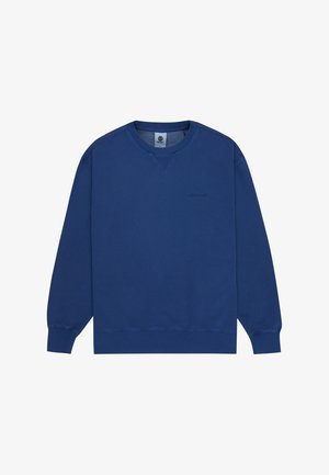 Tummansininen college-paita, joka on valmistettu puuvillasekoitteesta. Siinä on pyöreä kaula-aukko, pitkät hihat, ribbireunat hihansuissa ja hillitty logo rinnassa.