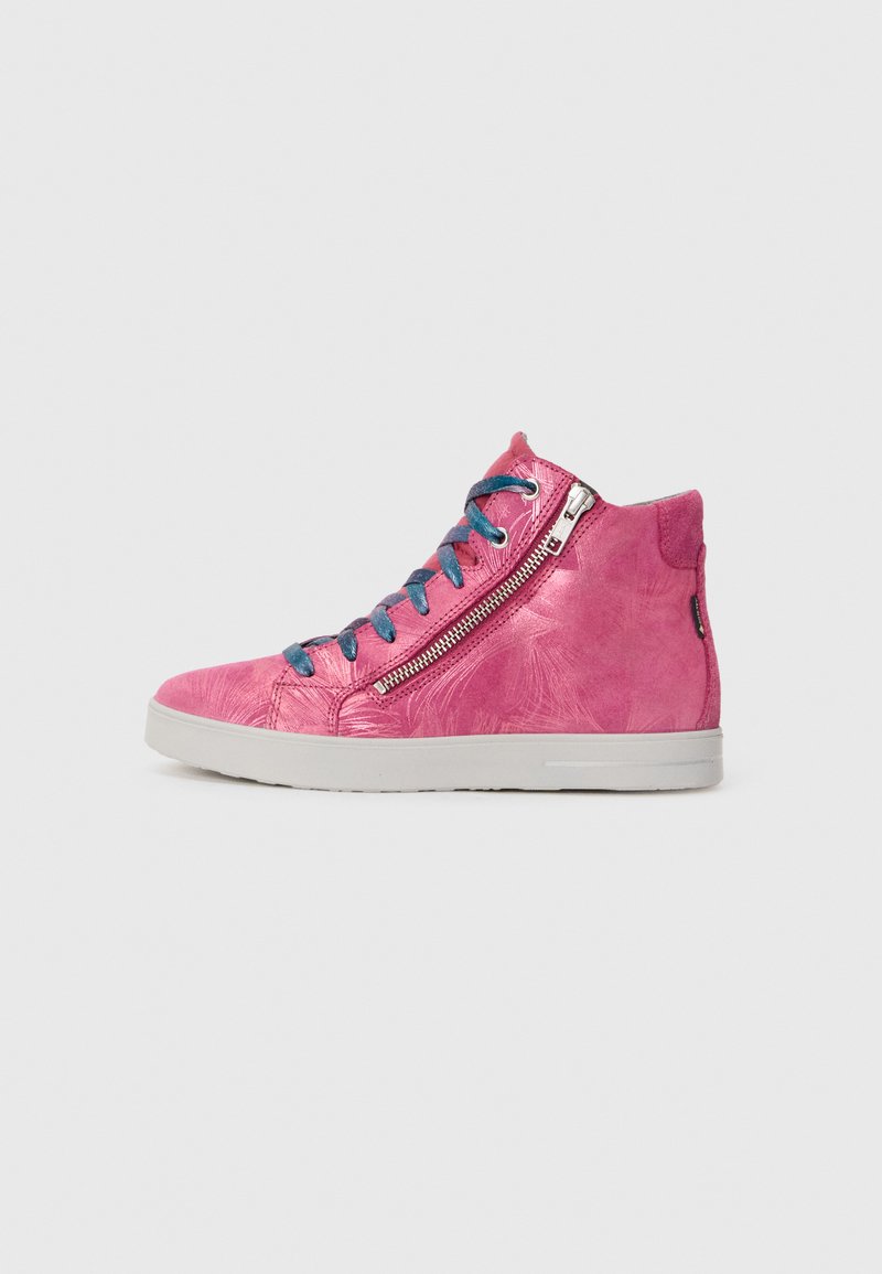 High-top sneakers in textured pink leather with a side zipper, contrasting blue laces, and a white rubber sole.