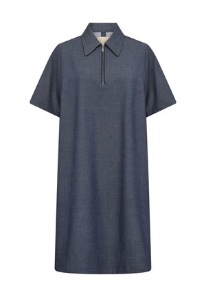 Denim short-sleeve dress, deep blue, with a collar and a quarter-zip front. Soft, lightweight fabric; relaxed fit; knee-length.