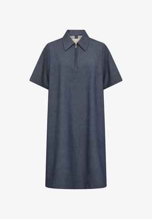 Denim short-sleeve dress, deep blue, with a collar and a quarter-zip front. Soft, lightweight fabric; relaxed fit; knee-length.
