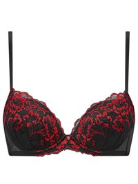 Black lace bra featuring red floral embroidery, underwired cups, adjustable straps, and a decorative center detail.