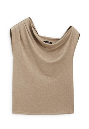 Haut beige sans manches avec un col drapé, en tissu doux et léger, posé à plat sur un fond blanc.