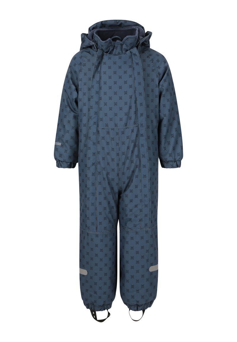 Sinsin sininen eristetyssä toppapuvussa on kuviollinen design, joustavat hihansuut, huppu ja heijastavat yksityiskohdat. Jalkaterissä on säädettävät hihnat.