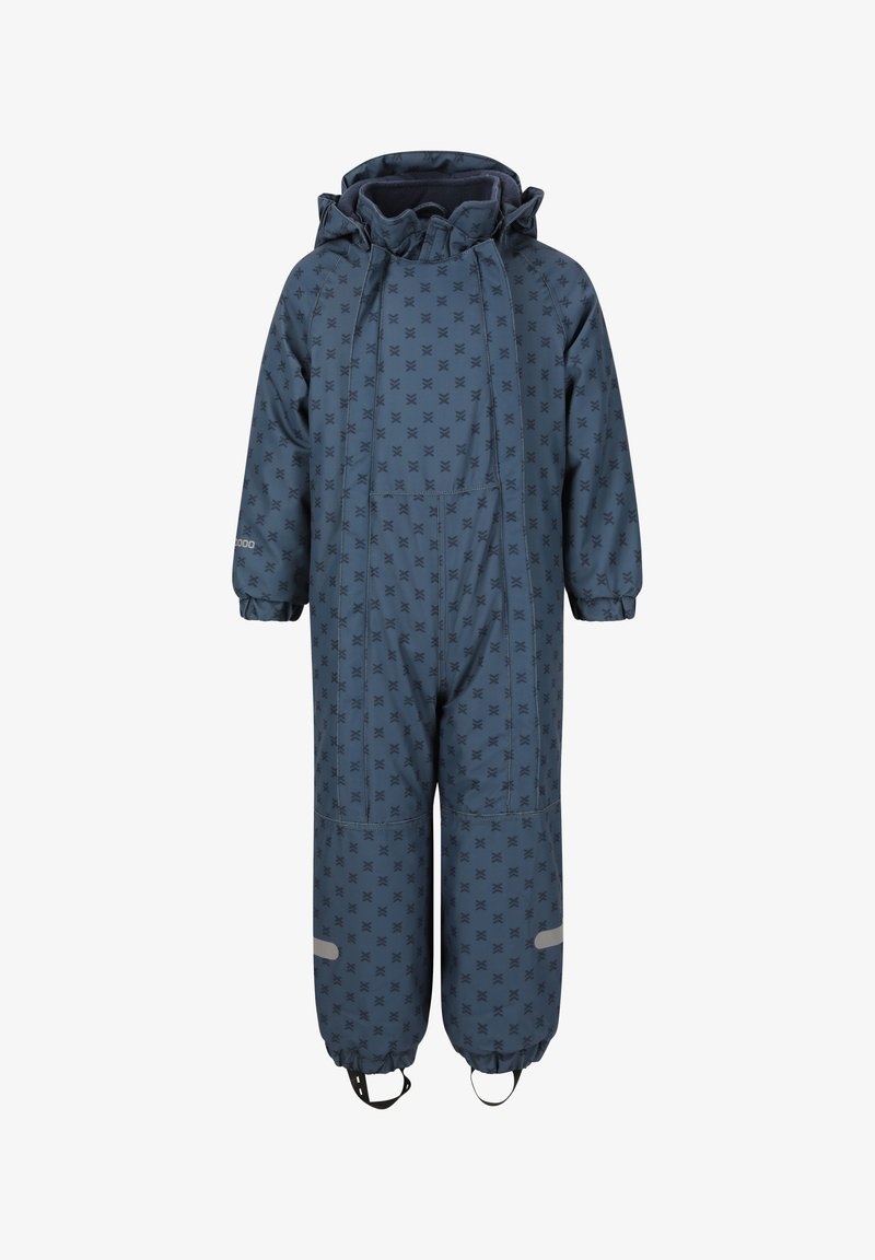 Marineblå isoleret vinterdragt med et mønstret design, elastiske cuffs, hætte og reflekterende accenter. Har justerbare stropper ved fødderne.